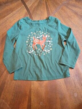 Cat & Jack Toddler Girls Deer Floral Long Sleeve Graphic Tee Green Size 2T